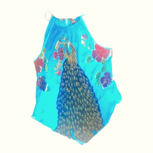 Lane Bryant Women's Floral Multicolor Peacock Beaded Gathered Neckline Top Sz 18 - Picture 2 of 6